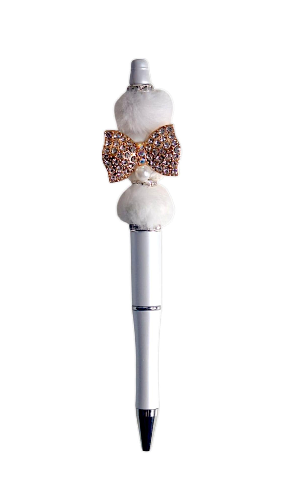 Gold bow & white fur beads pen