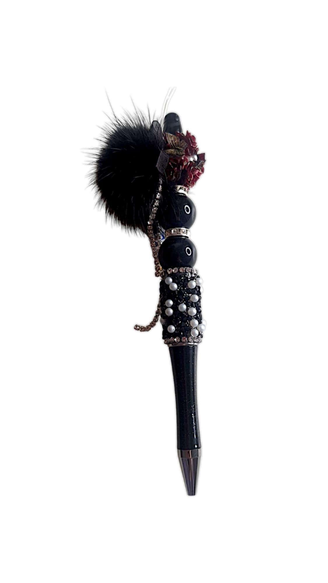 Red roses and pom pom beads pen