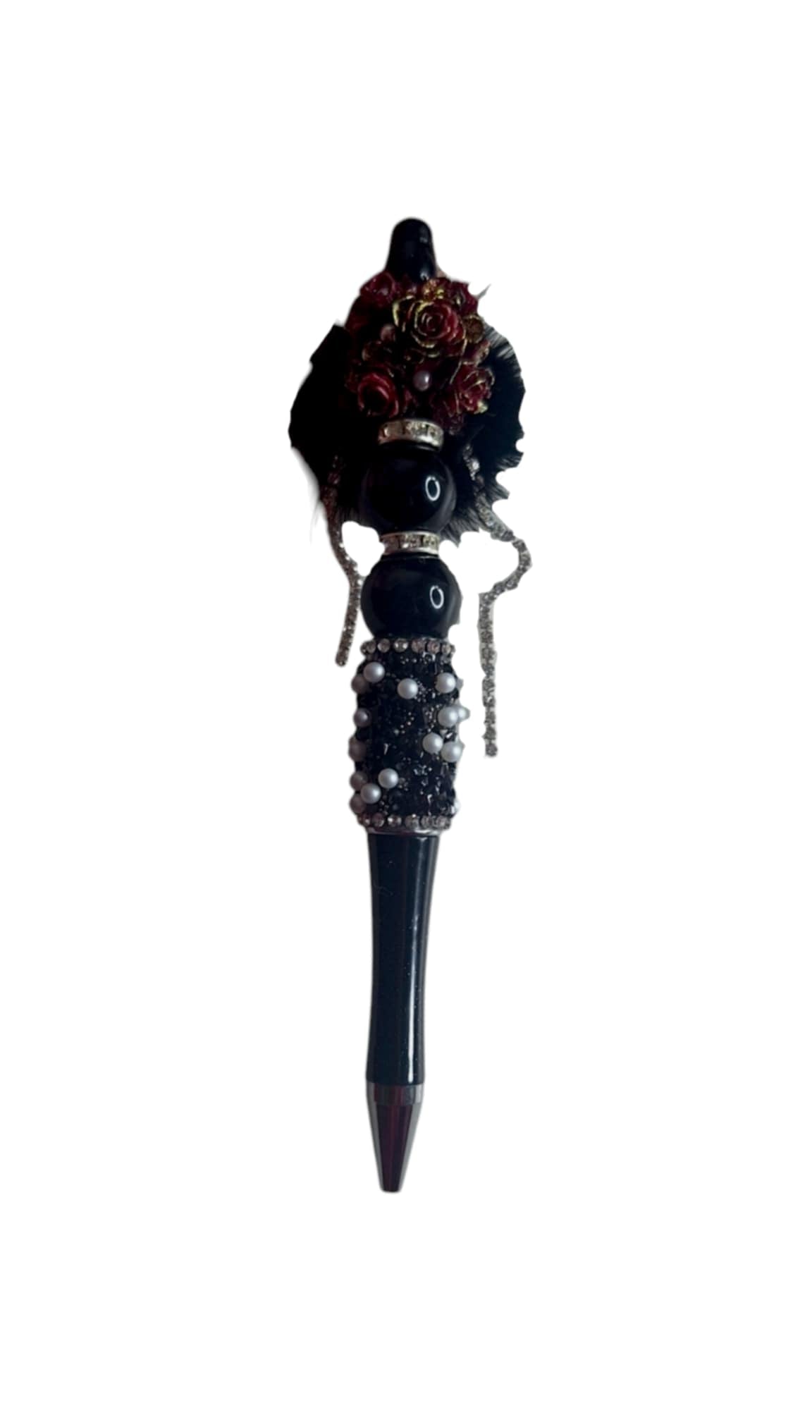 Stylo à perles roses rouges et pompons