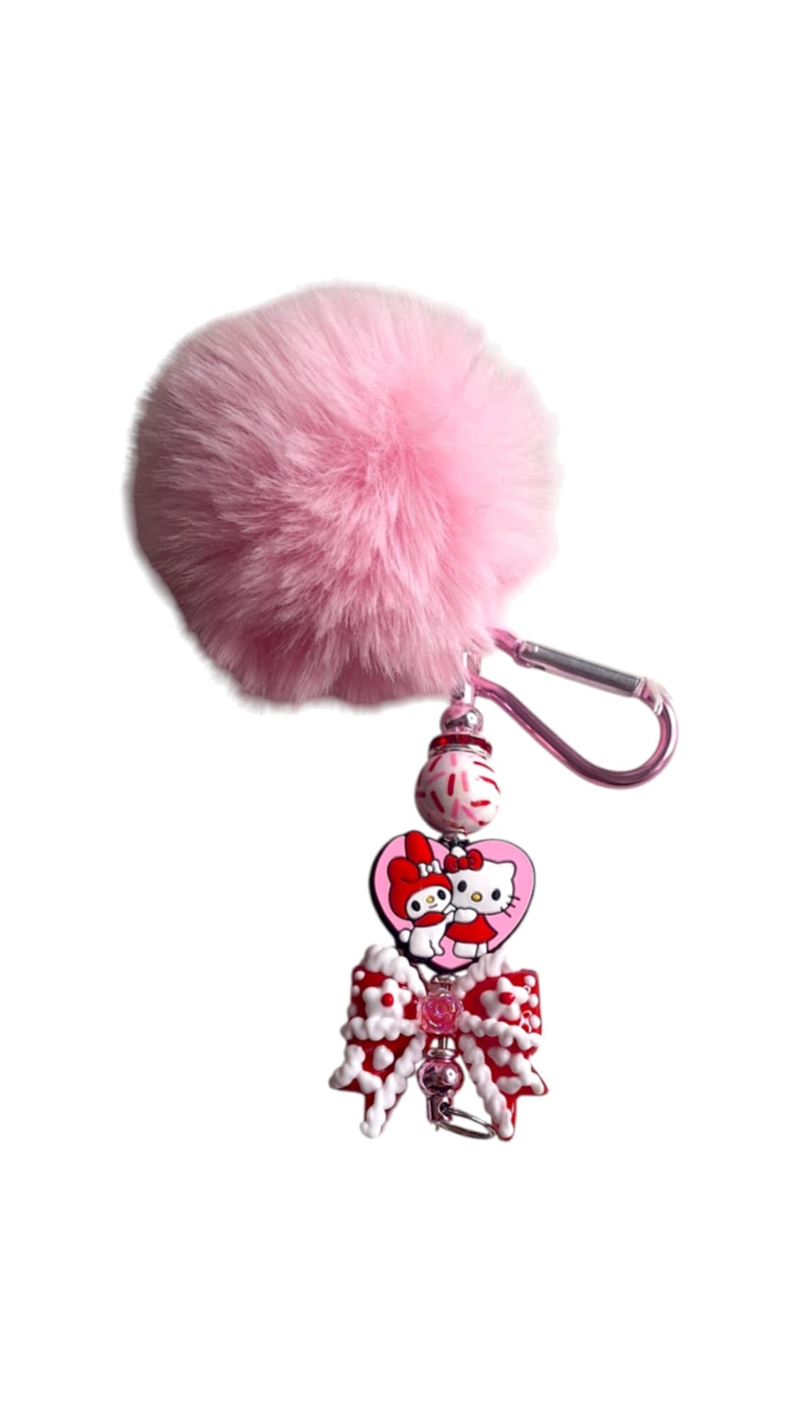 Porte-clés pompon avec perles  en forme de cœur rose mignon