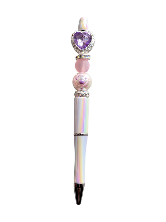 Stylo à perles lilas en forme de cœur et de patte