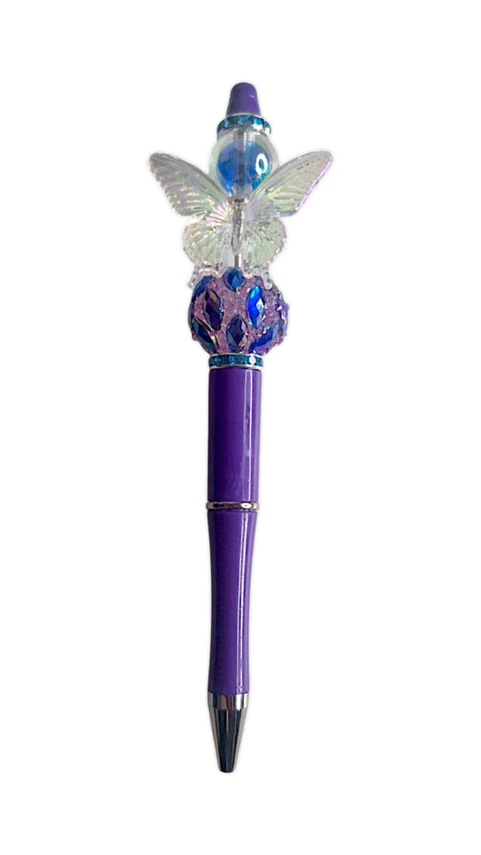 Stylo à perles papillon mauve