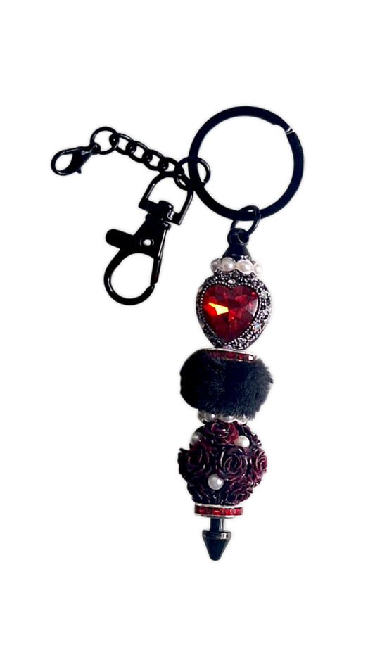 Porte-clés coeur rouge et roses