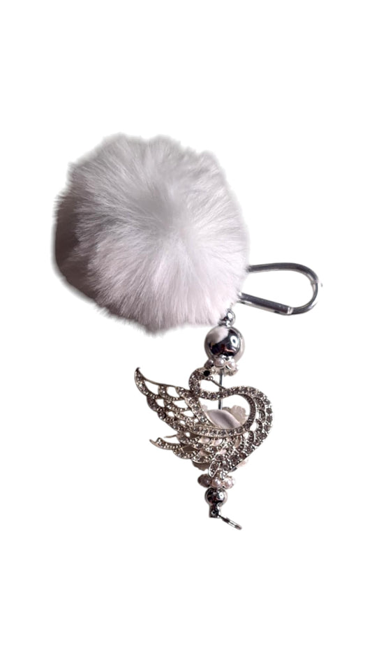 Porte-clés pompon & perle cygne blanc