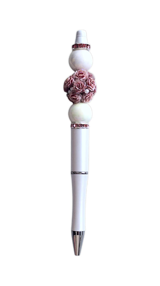 Elegant roses & white pearls beads pen