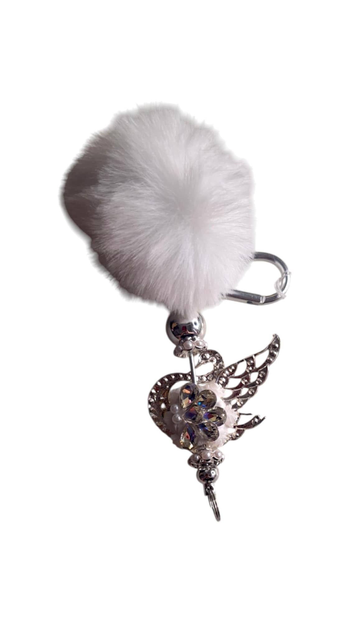 Porte-clés pompon & perle cygne blanc