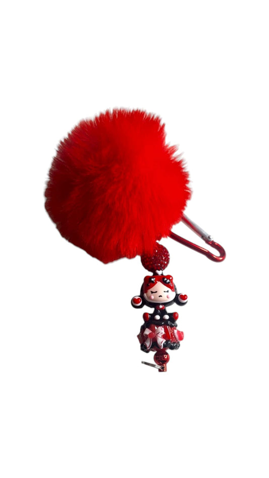 Porte-clés pompon SP perles rouges et noires 