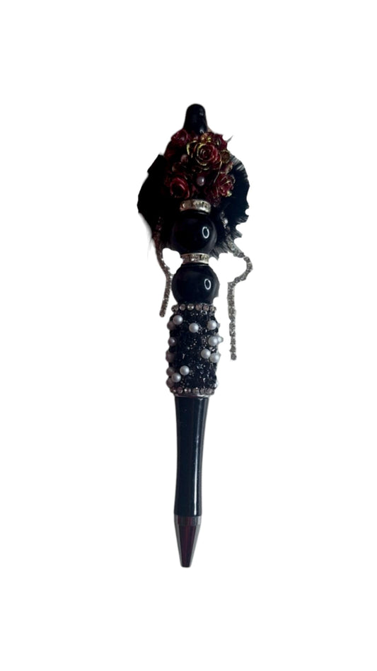 Stylo à perles roses rouges et pompons