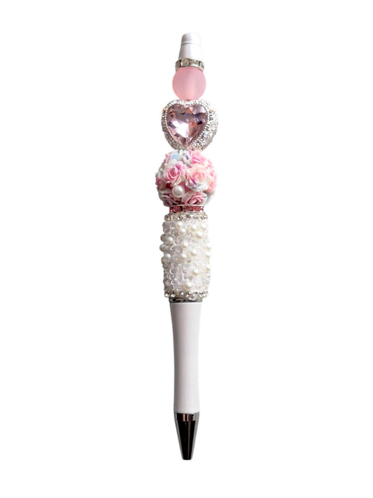 Stylo perles coeur rose et roses