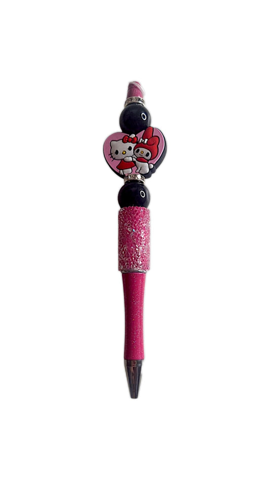 Stylo à perles personnages coeur rose