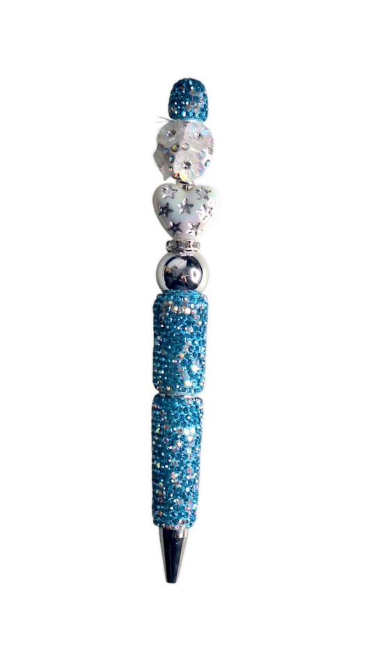 Stylo de luxe bleu avec perles en forme de cœur bling bling