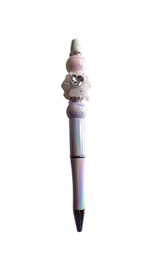 Stylo à perles roses blanches et cœur